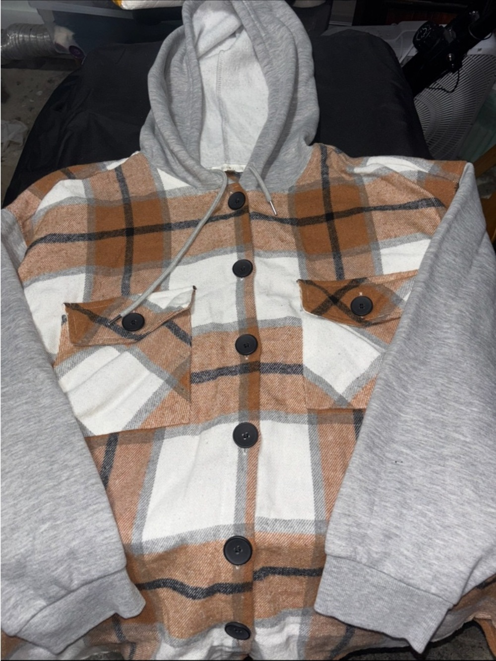 Ultra Flirt Gray Hooded Plaid Button Jacket with Tan Accents